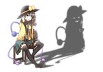  ^_^ black_legwear chair closed_eyes green_eyes hand_in_hair hat hat_ribbon komeiji_koishi midori_(misuriru8) ominous_shadow open_mouth ribbon shirt silver_hair sitting skirt solo thighhighs third_eye touhou zettai_ryouiki 