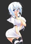  antenna_hair aqua_hair black_background blue_eyes blush breasts butter-t dress glasses huge_breasts no_bra open_mouth original short_hair simple_background solo striped striped_legwear tears thighhighs torn_clothes 