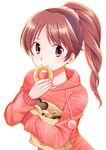 doughnut eating food hair_ornament hood hoodie idolmaster idolmaster_cinderella_girls inusaki ponytail shiina_noriko solo 