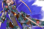  aircraft airplane black_legwear breasts camouflage character_name covered_nipples day flying gauntlets jet lance large_breasts long_hair mecha_musume military oekaki open_mouth original pantyhose personification poland polearm polish rocket_launcher sky solo su-22 weapon yonezuka_ryou 
