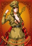  artist_name between_breasts blonde_hair breasts cleavage clenched_hand commentary_request flag german guard hat himeshima_koukichi large_breasts long_hair no_bra open_clothes open_shirt original ranguage red_eyes rotfrontkampferbund shirt signature solo strap_cleavage translated uniform 