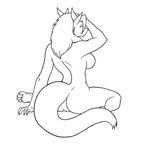  black_and_white breasts butt canine female hair inked jen_(jindragowolf) jindragowolf line_art long_hair looking_at_viewer looking_back mammal monochrome nude pussy side_boob sketch solo tail wolf 