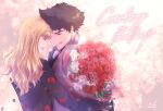  1boy 1girl black_hair blonde_hair blurry blurry_background bouquet closed_eyes copyright_name couple cowboy_bebop dated facing_another flower happy holding holding_bouquet julia_(cowboy_bebop) rose short_hair spike_spiegel standing syusyasentaku2 tagme 