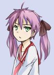  ahoge green_eyes hair_ribbon hiiragi_kagami imageboard_colors long_hair lucky_star pas_(paxiti) pink_neckwear purple_hair ribbon ryouou_school_uniform school_uniform serafuku solo tsurime twintails upper_body 