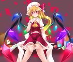  arm_up ascot blonde_hair bloomers blush box crayon flandre_scarlet gisyo hat hat_ribbon highres red_eyes ribbon shirt side_ponytail sitting skirt skirt_set smile solo touhou underwear vest wings wrist_cuffs 