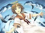  angel_wings bad_id bad_pixiv_id brown_hair cloud dress falling feathers haibane_renmei halo messy_hair mudai_(tofusensha) open_mouth orange_sailor_collar outstretched_arms outstretched_hand rakka sailor_collar short_hair sky wings 