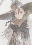  1girl bangs bare_shoulders black_dress black_hair closed_mouth dress grey_background grey_eyes hair_between_eyes hat highres large_hat light_smile long_hair looking_to_the_side matayoshi original pointy_ears simple_background solo standing witch witch_hat 