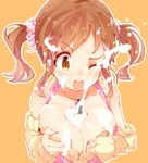  ;o apron between_breasts breasts brown_hair cleavage cream hato_haru heart heart-shaped_pupils highres idolmaster idolmaster_cinderella_girls large_breasts one_eye_closed open_mouth sexually_suggestive solo suggestive_fluid sweater symbol-shaped_pupils totoki_airi twintails 