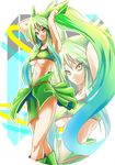  1girl breasts green_hair long_hair midriff navel personification pokemon ponytail rayquaza serperior smile solo sumeshi underboob very_long_hair yellow_eyes zoom_layer 