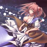  breasts bubble cleavage dutch_angle energy hair_bobbles hair_ornament head_tilt large_breasts long_hair looking_at_viewer looking_away no_bra no_nipples obi onozuka_komachi open_clothes open_shirt pink_hair red_eyes red_hair sash shirt solo standing sudakei touhou two_side_up wind 