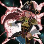  belt blue_eyes cravat epaulettes explosion eyelashes hair_ornament hairclip hat hat_feather highres katou_marika long_hair miniskirt_pirates pink_hair pirate pirate_hat rapier sharakuryousuke signature skirt skull skull_and_crossbones smile solo space star sword weapon 