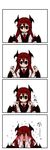  4koma bat_wings black_dress blush breast_squeeze breasts clenched_hands comic covering_face dress dress_shirt embarrassed flying_sweatdrops flying_teardrops head_wings kagura_una koakuma long_hair necktie raised_fists red_eyes red_hair shirt silent_comic small_breasts smile solo touhou vest white_shirt wings 