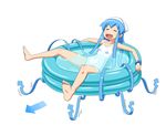  barefoot blue_hair closed_eyes directional_arrow feet full_body goriate hat ikamusume long_hair one-piece_swimsuit open_mouth prehensile_hair resting shinryaku!_ikamusume simple_background solo swimsuit tentacle_hair wading_pool water white_background white_swimsuit 