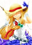  belt blonde_hair blush chain closed_eyes commentary_request crying flat_chest grin happy happy_tears hat hat_tug horns ibuki_suika ribbon shiba_meiji smile snot solo straw_hat tears touhou 