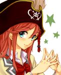  bad_id bad_pixiv_id blue_eyes bow eyelashes gomi_yashiki hair_ornament hairclip hands_clasped hat hat_feather katou_marika long_hair miniskirt_pirates own_hands_together pink_hair pirate pirate_hat school_uniform serafuku signature skirt skull skull_and_crossbones smile solo star 