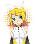  bad_id bad_pixiv_id bangs bare_shoulders blonde_hair blue_eyes blush bow clothes_writing collar detached_sleeves hair_bow hair_ornament hairband hairclip halftone halftone_background headphones kagamine_rin kagamine_rin_(append) looking_at_viewer potato_(potato1827) see-through short_hair smile solo swept_bangs treble_clef upper_body vocaloid vocaloid_append 