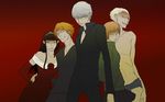  3boys amagi_yukiko bare_shoulders black_hair blonde_hair breasts brown_hair dark_persona dress fundoshi gb_(doubleleaf) hanamura_yousuke height_difference japanese_clothes long_hair looking_at_viewer medium_breasts multiple_boys multiple_girls muscle narukami_yuu orange_hair pants persona persona_4 satonaka_chie shirt shirtless short_hair skirt smile sweater tatsumi_kanji white_hair yellow_eyes 