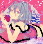  apple aqua_eyes aqua_hair bare_shoulders camisole food frilled_pillow frills fruit hatsune_miku holding holding_food holding_fruit long_hair looking_at_viewer lying nail_polish on_stomach pillow polka_dot romeo_to_cinderella_(vocaloid) solo vocaloid yumenouchi_chiharu 