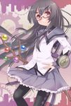  akemi_homura akemi_homura_(cosplay) bespectacled black_hair branch brown_eyes cosplay eyebrows glasses hand_on_hip houraisan_kaguya jeweled_branch_of_hourai long_hair look-alike mahou_shoujo_madoka_magica megawatt pantyhose red-framed_eyewear smirk solo touhou 