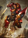  building debris dutch_angle embers energy_sword english explosion fire ground_shatter holding looking_back mecha no_humans original rettag running shield signature sky skyscraper smoke solo sword weapon 