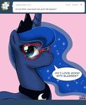  ask_princess_molestia blue_hair crown dialog dialogue english_text equine eyewear female feral flower friendship_is_magic glasses hair horn john_joseco mammal my_little_pony pink_background plain_background princess_luna_(mlp) solo text tumblr winged_unicorn wings 