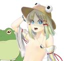  blonde_hair blue_eyes bracelet detached_sleeves face flat_chest frog hair_ribbon hat jewelry long_hair magister_(medical_whiskey) moriya_suwako necklace nipples nude open_mouth puffy_nipples ribbon sidelocks solo touhou upper_body yin_yang 