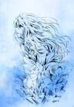  blue crystal long_hair monochrome original parted_lips profile signature solo tida_kietsungden traditional_media 