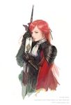  armor bad_id bad_pixiv_id cape chair earrings gauntlets hwansang jewelry long_hair original parted_lips pauldrons pendant red_hair simple_background solo sword weapon 