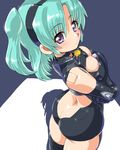  alternate_color aqua_hair breasts busou_shinki butt_crack cleavage dd_(ijigendd) doll_joints looking_at_viewer looking_back medium_breasts purple_eyes raptias smile solo 