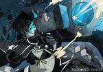  arm_cannon bikini_top black_hair black_rock_shooter black_rock_shooter_(character) blue_eyes cannon character_name coat foreshortening hair_over_one_eye hood long_hair looking_at_viewer marcey midriff pale_skin rock_cannon solo twintails weapon 