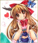  blush bow brown_eyes brown_hair covering covering_crotch gourd grin hair_bow hair_ribbon heart horn_ribbon horns ibuki_suika imoko. long_hair looking_at_viewer marker_(medium) millipen_(medium) nib_pen_(medium) ribbon shikishi sitting skirt sleeveless smile socks solo touhou traditional_media 