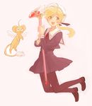  :3 ahoge alphonse_elric animalization bad_id bad_pixiv_id blonde_hair brothers cardcaptor_sakura cosplay crossdressing edward_elric full_body fullmetal_alchemist fuuin_no_tsue hair_ribbon hat highres kero kero_(cosplay) kinomoto_sakura kinomoto_sakura_(cosplay) long_hair male_focus minako_(mdr) otoko_no_ko pantyhose ponytail ribbon school_uniform serafuku siblings smile staff v-shaped_eyebrows white_hat yellow_eyes 