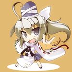  ahoge fang grey_eyes grey_hair hat japanese_clothes mononobe_no_futo open_mouth outstretched_arms ponytail shirogane_(platinum) simple_background skirt smile solo tate_eboshi touhou wide_sleeves 