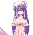  breasts cleavage crescent hat large_breasts long_hair nightgown patchouli_knowledge purple_eyes purple_hair sakamina smile solo touhou undressing 