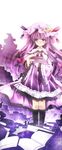  bad_id bad_pixiv_id black_legwear blue_eyes blush book capelet crescent dress embellished_costume frills hair_ribbon hat highres holding holding_book kneehighs long_hair patchouli_knowledge purple_hair purple_skirt ribbon ryuji_(ikeriu) skirt smile solo standing striped striped_dress too_many too_many_books touhou wide_sleeves 