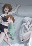  accelerator ahoge albino arm_up barefoot blush brown_hair closed_eyes drooling genderswap genderswap_(mtf) hug idora_(idola) last_order lying misaka_worst multiple_girls on_back on_side open_mouth panties pillow saliva short_hair siblings sisters sleeping sleepwear strap_slip suzushina_yuriko to_aru_majutsu_no_index underwear white_hair 