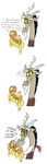  antler applejack_(mlp) beard blonde_hair comic discord_(mlp) draconequus english_text equine eyes_closed facial_hair female feral friendship_is_magic green_eyes hair hat horn horse male mammal mickeymonster my_little_pony pony red_eyes tail text tickling 