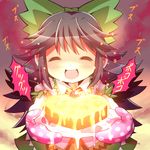 :d bad_id bad_pixiv_id black_hair black_wings blush bow bubble cake closed_eyes food givuchoko glowing hair_bow heart heart-shaped_cake heart-shaped_food long_hair open_mouth oven_mitts reiuji_utsuho revision shirt skirt smile solo third_eye touhou valentine wings 