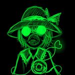  1girl black_background creepy female furryhater green hat heart komeiji_koishi monochrome poorly_drawn sharp_teeth simple_background sketch solo third_eye touhou what 