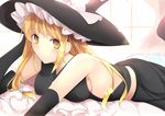  :&lt; alternate_costume bangs bare_back bare_shoulders black_gloves blonde_hair blush bow breast_rest breasts covered_nipples daiaru elbow_gloves gloves hair_bow hat hat_bow kirisame_marisa leg_up long_hair looking_at_viewer lying medium_breasts no_bra on_bed on_stomach sideboob solo touhou white_bow witch_hat yellow_eyes 
