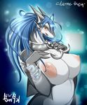  blue_background blue_hair blue_theme blush breasts brown_eyes charme collar dragon female grey grey_body hair huge_breasts long_hair nipples plain_background scalie solo ymbk 