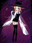  alternate_costume bad_id bad_pixiv_id black_legwear blonde_hair blue_eyes blush cosplay garter_straps hat lilith_(yamibou) lilith_(yamibou)_(cosplay) meiya_neon moriya_suwako parody solo thighhighs touhou witch_hat yami_to_boushi_to_hon_no_tabibito 