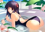  ass competition_swimsuit flower hair_flower hair_ornament hair_twirling hibiscus himukai_kyousuke looking_back muvluv muvluv_alternative one-piece_swimsuit sendou_yuzuka solo swimsuit 