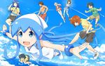  5girls aizawa_chizuru aizawa_eiko aizawa_takeru arashiyama_gorou blue_eyes blue_hair casual cindy_campbell flying hat ikamusume long_hair multiple_boys multiple_girls nagatsuki_sanae naono saitou_nagisa shinryaku!_ikamusume tentacle_hair 