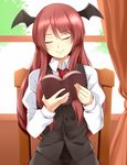  bat_wings book chair closed_eyes curtains formal head_wings holding holding_book jurakin koakuma long_hair necktie open_book red_hair red_neckwear skirt skirt_set smile solo touhou vest wings 