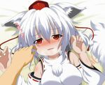  animal_ears bare_shoulders blush breasts breath detached_sleeves dr._cryptoso hat inubashiri_momiji large_breasts looking_at_viewer lying nail_polish on_back poking red_eyes short_hair silver_hair solo tail tokin_hat touhou upper_body wolf_ears wolf_tail 