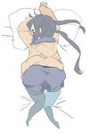  bad_id bad_pixiv_id bed black_hair blush casual highres k-on! long_hair looking_at_viewer looking_back nakano_azusa pantyhose pillow solo sunameri_oishii twintails 