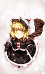  black_gloves blonde_hair gloves hat highres kazetto lunasa_prismriver outstretched_hand plaid plaid_scarf scarf shirt short_hair skirt skirt_set snow snowing solo touhou trail yellow_eyes 