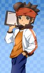  bad_id bad_pixiv_id blue_background brown_eyes brown_hair clipboard endou_mamoru gradient gradient_background headband inazuma_eleven_(series) inazuma_eleven_go jacket maetaku male_focus open_clothes open_jacket open_mouth solo 