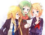  :d blonde_hair blue_eyes green_eyes green_hair gumi hair_ornament hairband hairclip kagamine_rin lily_(vocaloid) long_hair multiple_girls necktie open_mouth scarf school_uniform serafuku short_hair smile tsukasa_kinako vocaloid 